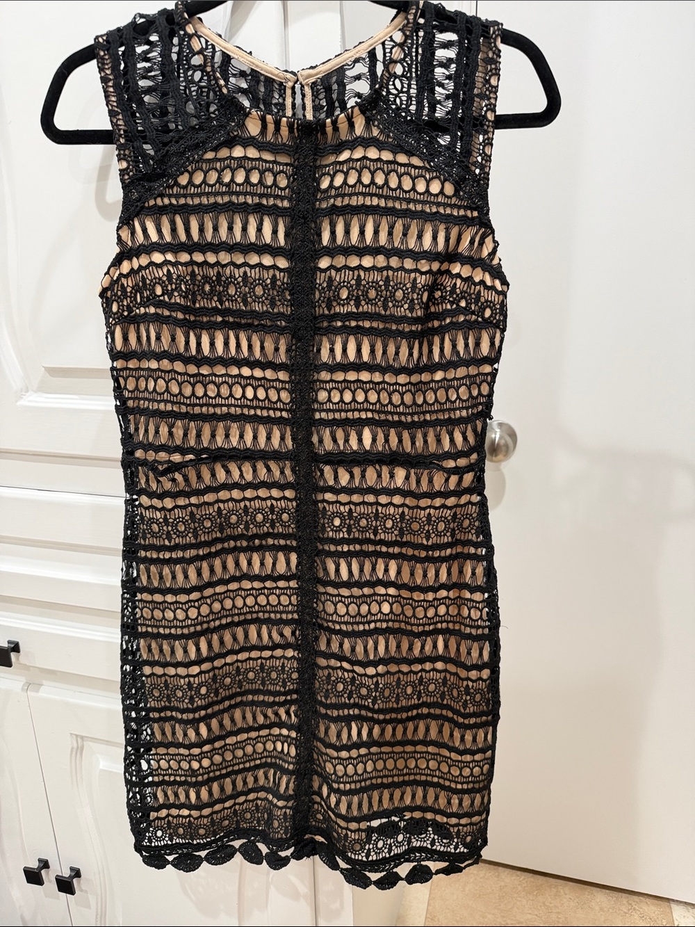 Francesca's Collections Black Crochet Mini Dress with Nude Underlay
